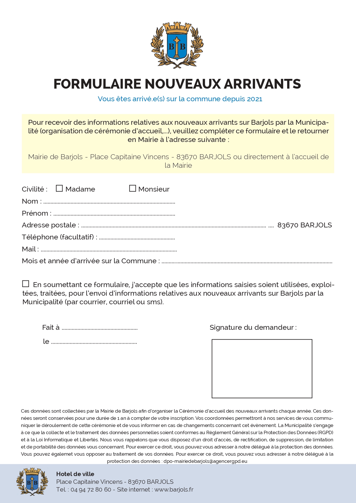 Formulaire Nouveaux Arrivants Mairie De Barjols